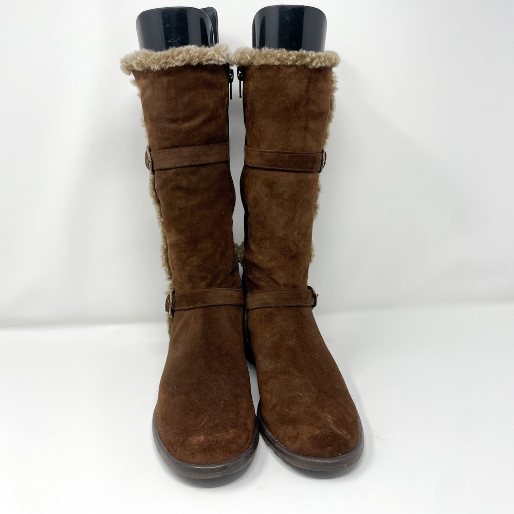 Stuart Weitzman Womens 7.5 Brown Suede Faux Fur Trim Tall Boots Boho Cozy Winter - Picture 2 of 9